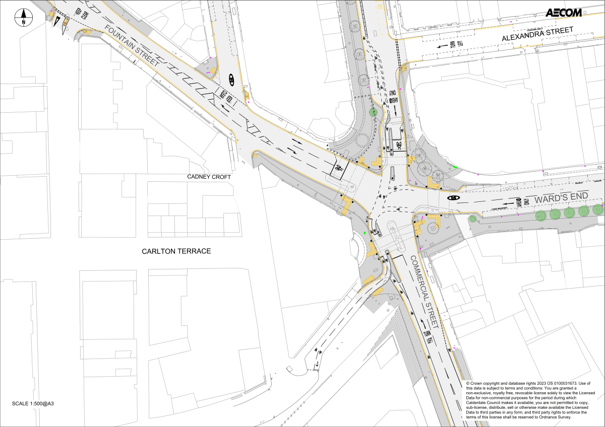 Drawing showing proposals for changes to the layout, crossings and cycle routes around the junction of Ward's End, Fountain Street, and Commercial Street, and the cycle route along Trinity Road.